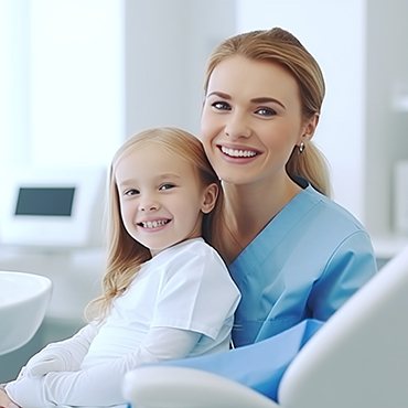 Happy little girl posing with dental team member